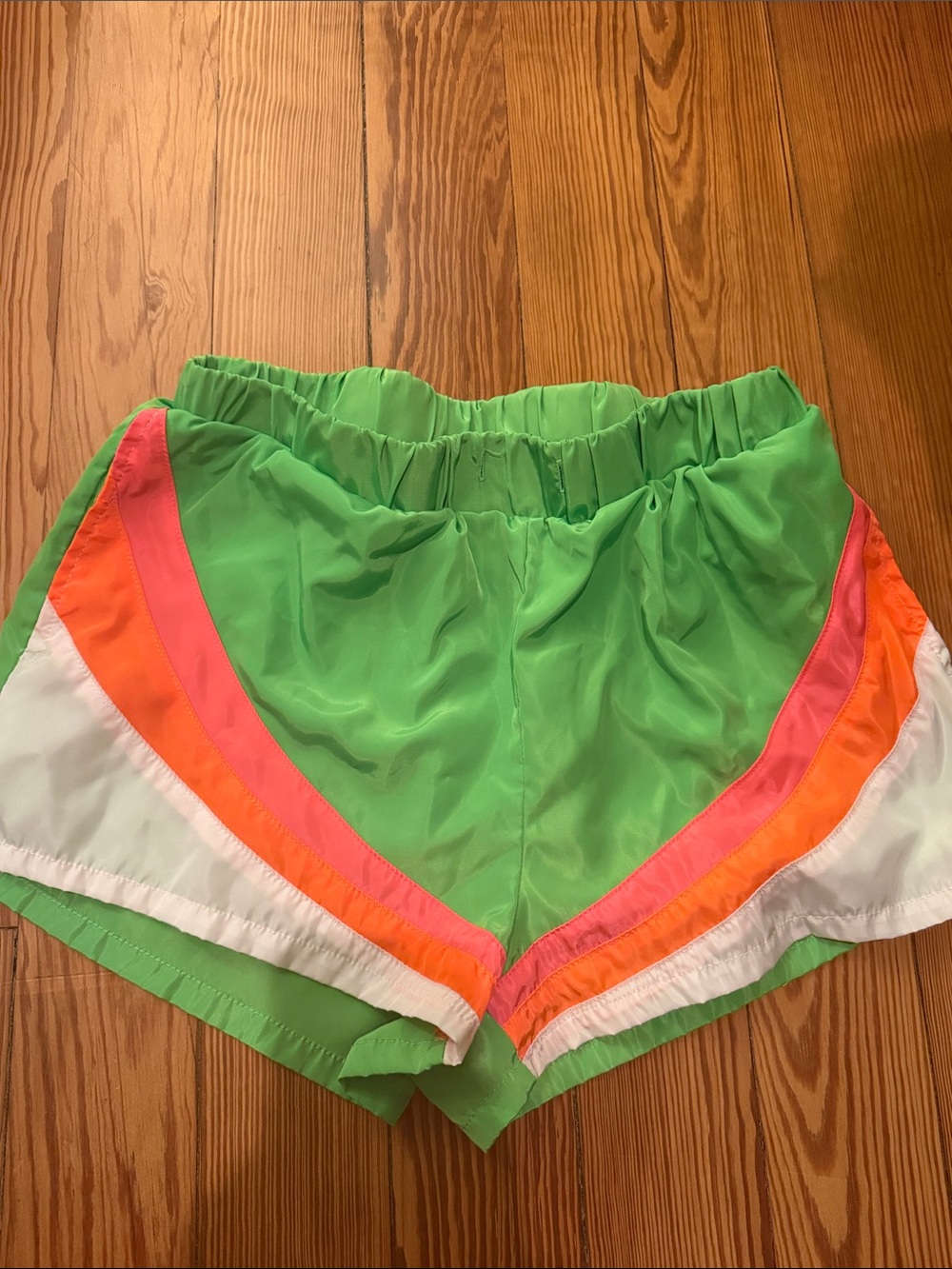 AKIRA Lime Green Athletic Shorts with Pink and Orange Trim